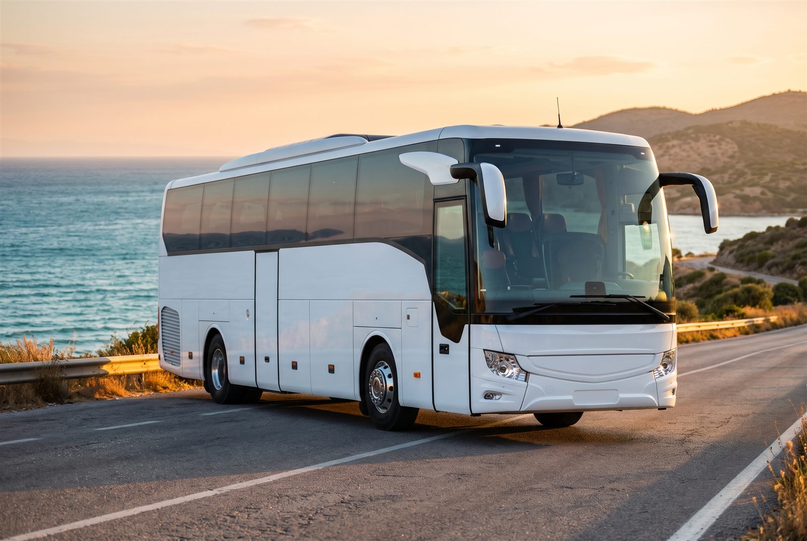 Gün batımında sahil yolunda bekleyen beyaz turizm otobüsü